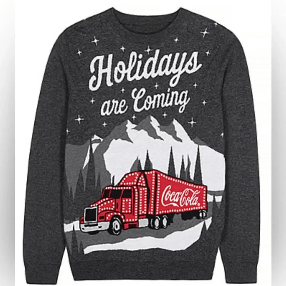 Coca-Cola Holidays Are Coming Christmas Truck Gray Sweater Size Large L Y2K